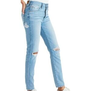 American Eagle Hi Rise Girlfriend Jeans 100% Cotton Distress Light Wash 8 XLong